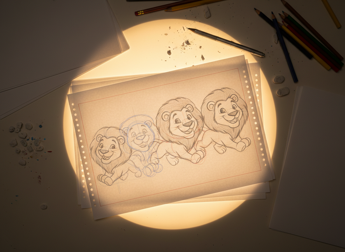 A dynamic overhead shot of a traditional 2D animation setup, with a luminous animation desk featuring a circular lightbox, perfectly aligned animation paper, and registration pegs. On the top sheet, clean pencil drawings of a cheerful lion character are captured in progressive motion poses, with blue and red construction lines visible beneath the final graphite strokes. Surrounding the desk are scattered peg-hole paper stacks, eraser crumbs, colored pencils, and a mechanical pencil resting diagonally. Soft, warm overhead lighting emphasizes the paper texture and faint shadows from the layered sheets. Photographic realism with a nostalgic yet playful school-studio mood, using a top-down composition and sharp focus to highlight every tactile detail of the hand-drawn process.
