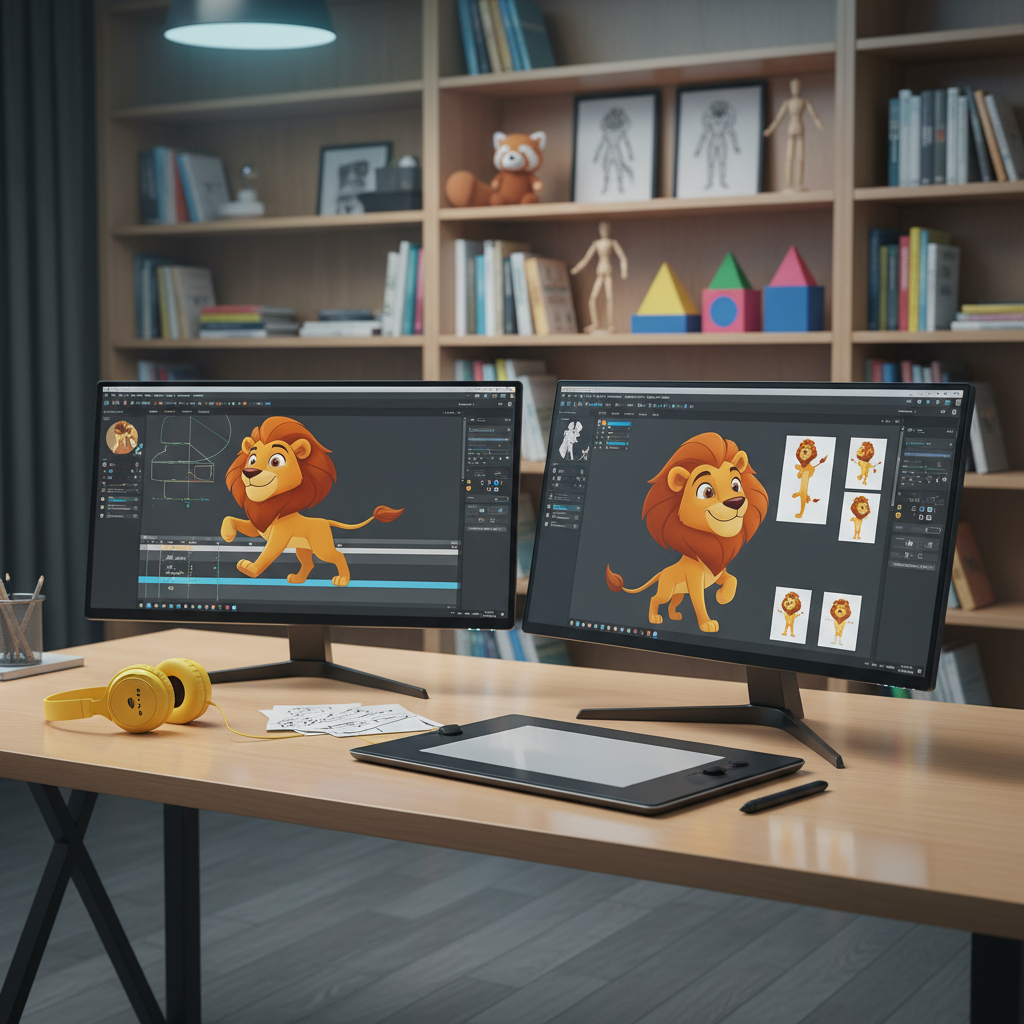 A sleek digital workstation for 2D animation, featuring a high-resolution drawing monitor displaying an open animation timeline with a stylized cartoon lion character in mid-walk cycle. The monitor rests on a clean, light-wood desk alongside a pressure-sensitive stylus, a small stack of storyboard panels, and a pair of bright yellow headphones. The background shows shelves with animation books, model sheets, and colorful reference props. Cool, even studio lighting creates subtle reflections on the screen and desk surface. Photographic realism with a modern, organized, and playful vibe, captured from a three-quarter angle with balanced composition and moderate depth of field to showcase both the tools and the creative environment.