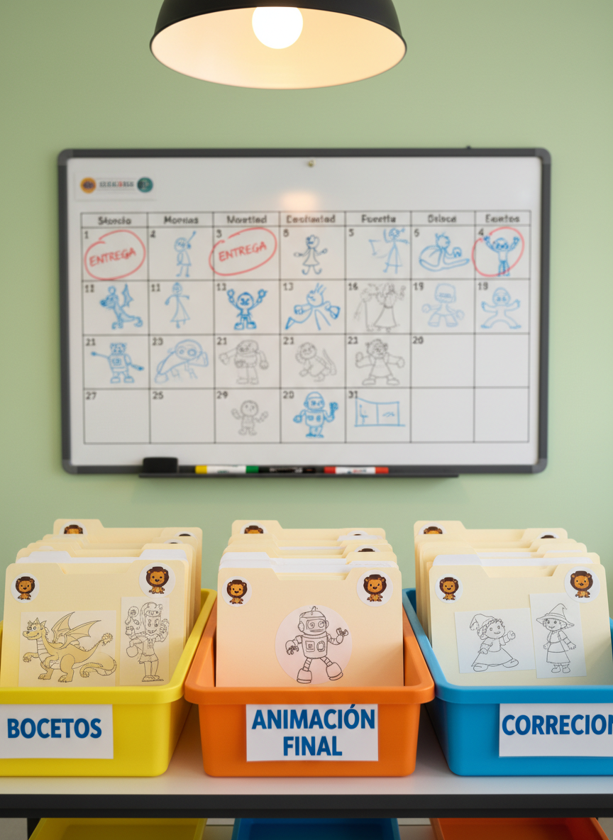 A detailed shot of an animation assignment hand-in area in a playful school environment, with brightly colored labeled trays reading “Bocetos”, “Animación Final” and “Correcciones” in Spanish. Each tray holds thick paper folders decorated with small lion mascot stickers and thumbnail sketches of 2D characters. Behind the trays, a whiteboard calendar shows deadlines and simple storyboard thumbnails drawn in marker. Warm, diffused ceiling light gives the scene a cozy, productive feel. Photographic realism with vivid, cheerful colors, captured from a slightly elevated angle so all labels are legible, with moderate depth of field that keeps the trays sharp while the calendar gently softens in the background.