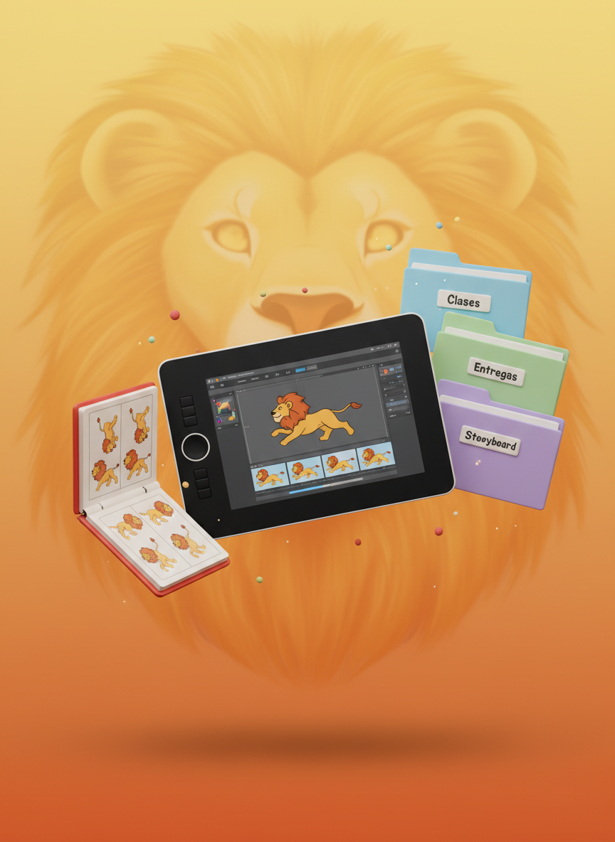 A polished, playful homepage hero image concept for a 2D animation learning platform, featuring a floating arrangement of animation tools: a tablet with an open timeline showing a looping lion run cycle, a flipbook mid-flip revealing sequential lion poses, and a stack of labeled folders for “Clases”, “Entregas” and “Storyboard”. All elements hover above a soft, gradient background in warm yellows and oranges reminiscent of a lion’s mane. Gentle, even studio lighting creates natural highlights and soft shadows beneath each object. Photographic realism blended with a slightly surreal composition, framed in a centered, balanced layout with shallow depth of field to keep the floating tools sharp against a smoothly blurred, playful backdrop.