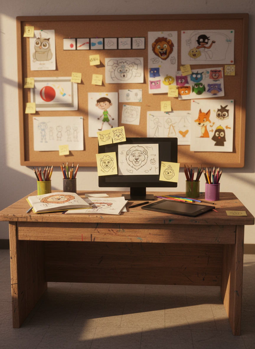 A vibrant 2D animation classroom scene without any people, centered on a large, slightly worn wooden desk covered with sketchbooks, sharpened colored pencils, graphic tablets, and sticky notes featuring simple lion mascot doodles. Behind the desk, a wide corkboard wall is filled with pinned animation frames of a bouncing ball, walk cycles, and expressive cartoon animals. Soft, diffused daylight enters from an unseen window, casting gentle shadows and a warm, inviting glow. Photographic realism with a playful, school-like atmosphere, shot at eye level with shallow depth of field so the desk is in crisp focus while the background boards blur into colorful shapes, evoking creative energy and learning.