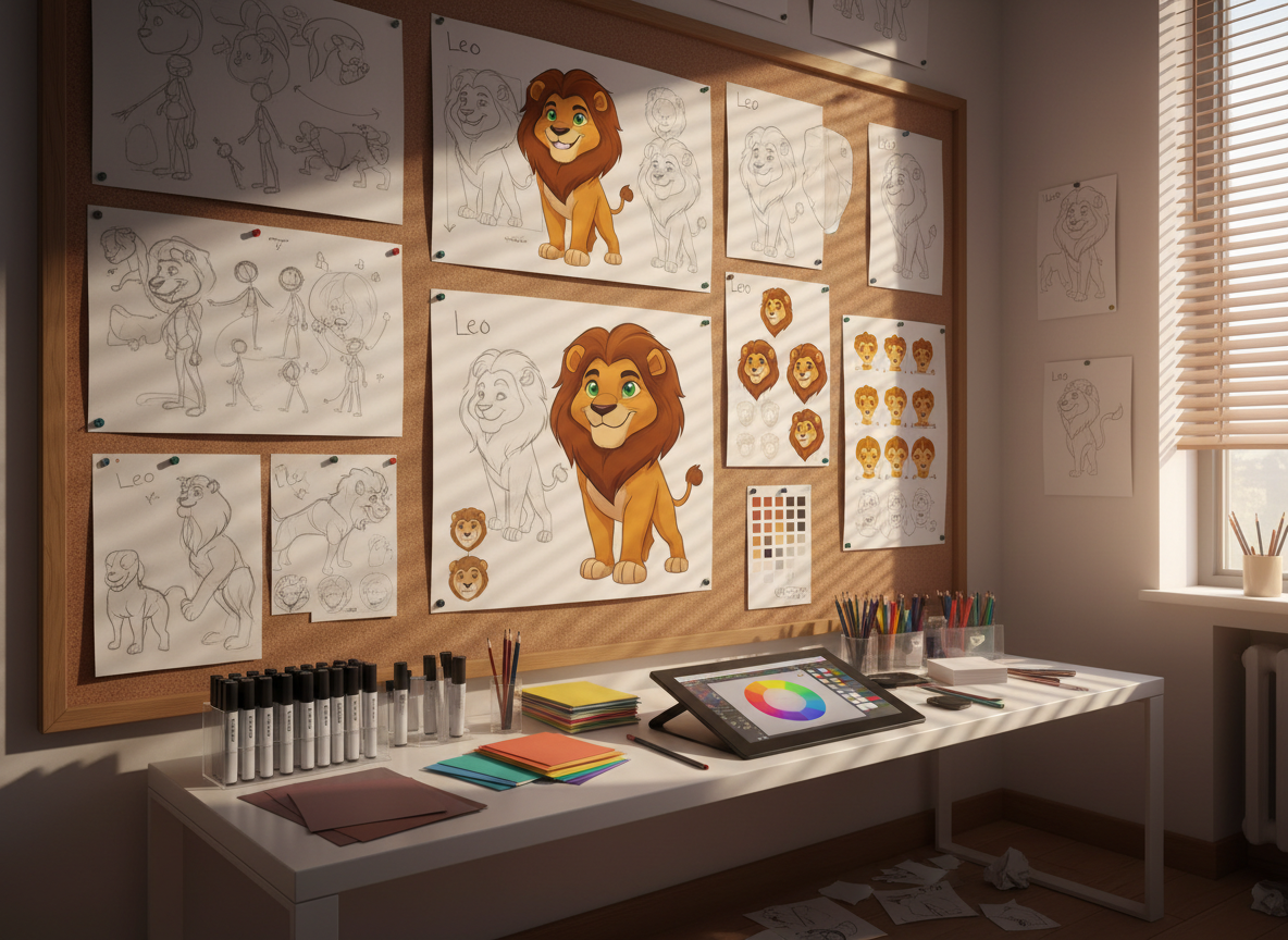 A whimsical corner of a school animation studio dedicated to character design, with a large corkboard wall covered in pinned sheets showing the evolution of a cartoon lion mascot from simple silhouettes to fully colored turnarounds and expression sheets. Below the board, a low white table holds markers, colored pencils, and neatly arranged color swatches, along with a tablet displaying a color wheel. Gentle afternoon sunlight streams through blinds, creating striped shadows across the sketches and adding depth. Photographic realism with vibrant, saturated colors and a playful, inspiring mood, captured at a slightly low angle to make the wall of designs feel towering and important, while maintaining clear focus on the lion character iterations.